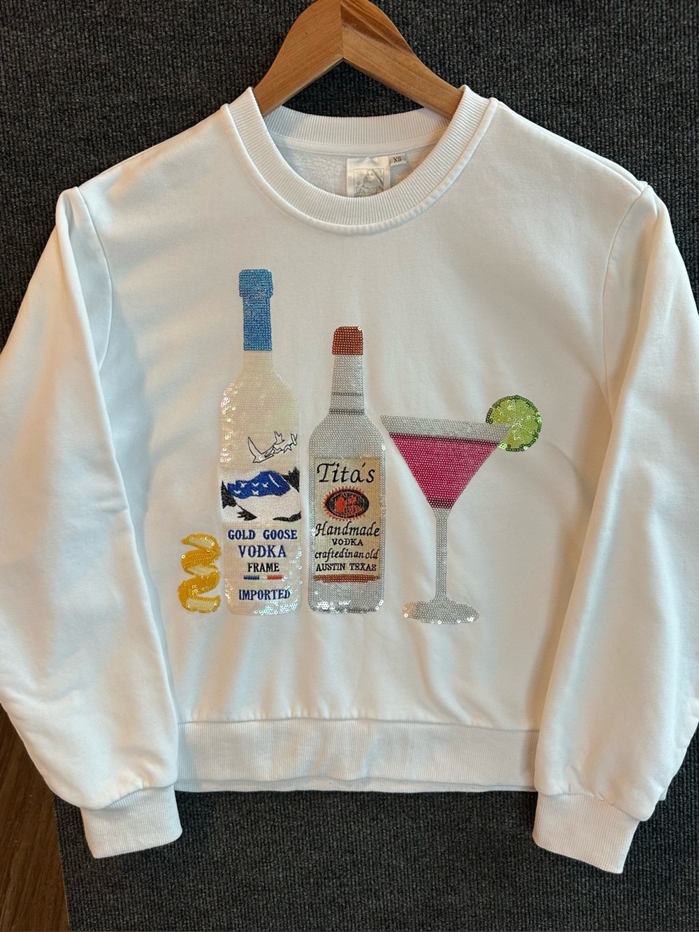 Queen of Sparkles Vodka Queen Sweatshirt in White. Size XS.